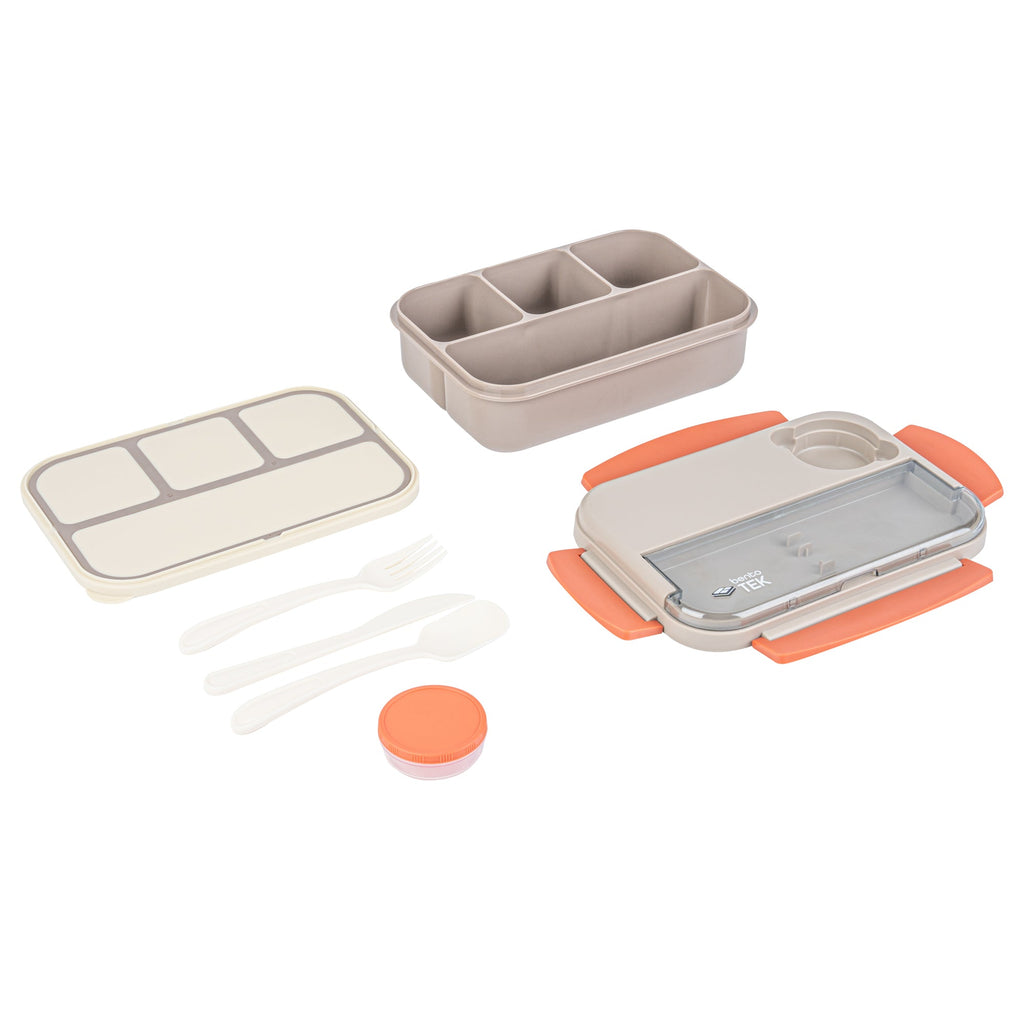 Bento Tek 44 oz Brown and Orange Lunch Box - BPA-Free, Microwave-Safe, with Utensils - 9" x 6 1/2" x 3 1/4" - 10 count box