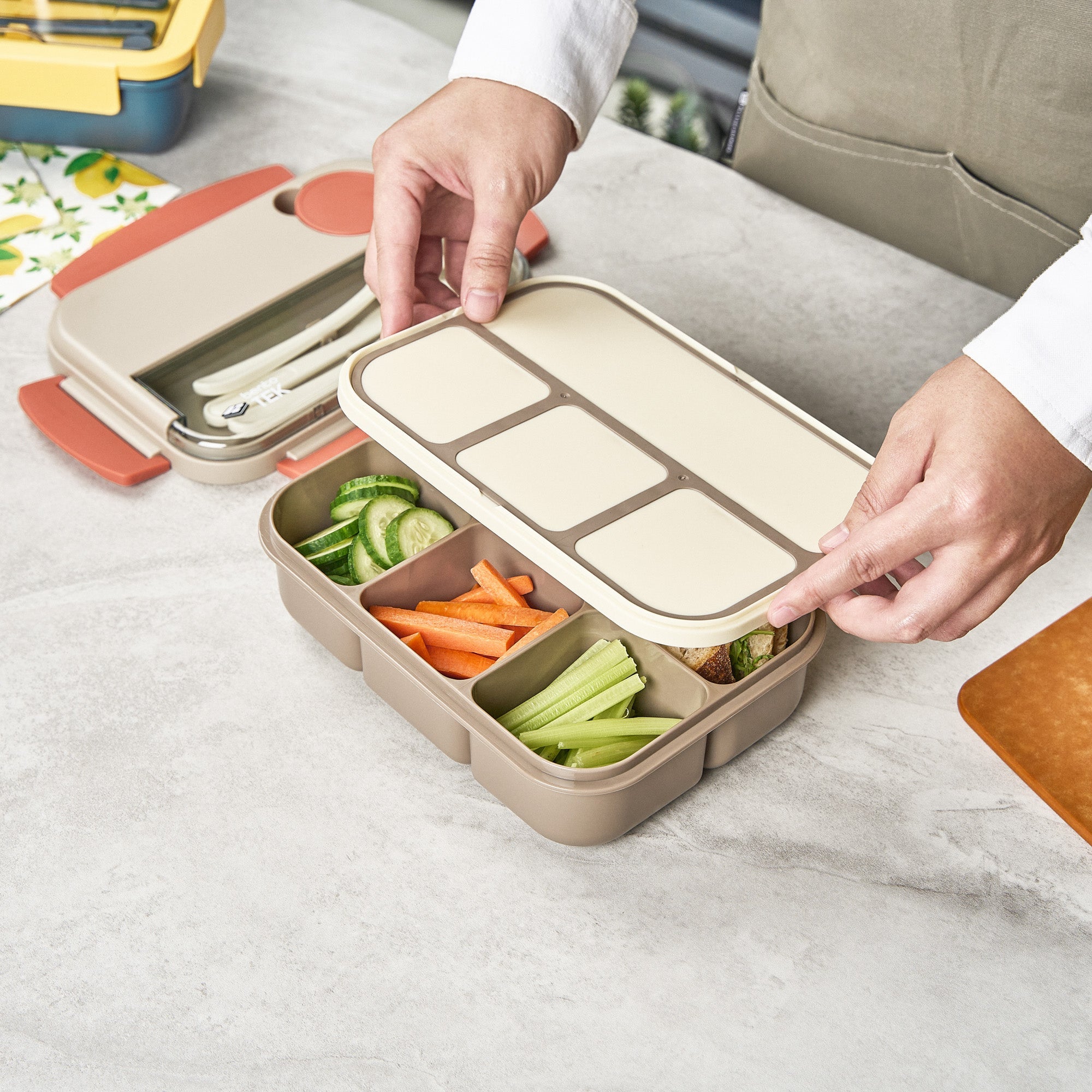 Bento Tek 44 oz Brown and Orange Lunch Box - BPA-Free, Microwave-Safe, with Utensils - 9" x 6 1/2" x 3 1/4" - 10 count box