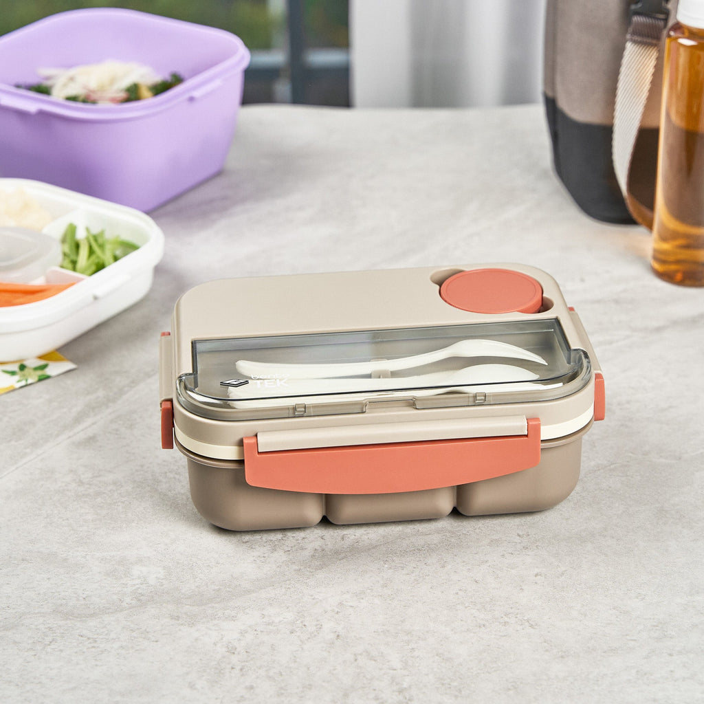 Bento Tek 44 oz Brown and Orange Lunch Box - BPA-Free, Microwave-Safe, with Utensils - 9" x 6 1/2" x 3 1/4" - 10 count box
