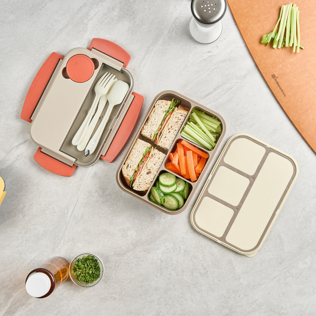Bento Tek 44 oz Brown and Orange Lunch Box - BPA-Free, Microwave-Safe, with Utensils - 9" x 6 1/2" x 3 1/4" - 10 count box