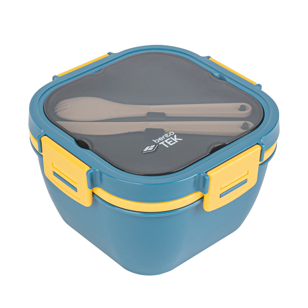 Bento Tek 58 oz Blue and Yellow Lunch Box - BPA-Free, Microwave-Safe, with Fork and Knife - 7 1/4" x 7 1/4" x 4 1/4" - 1 count box