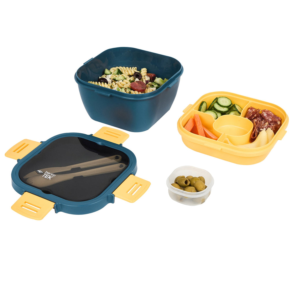 Bento Tek 58 oz Blue and Yellow Lunch Box - BPA-Free, Microwave-Safe, with Fork and Knife - 7 1/4" x 7 1/4" x 4 1/4" - 1 count box