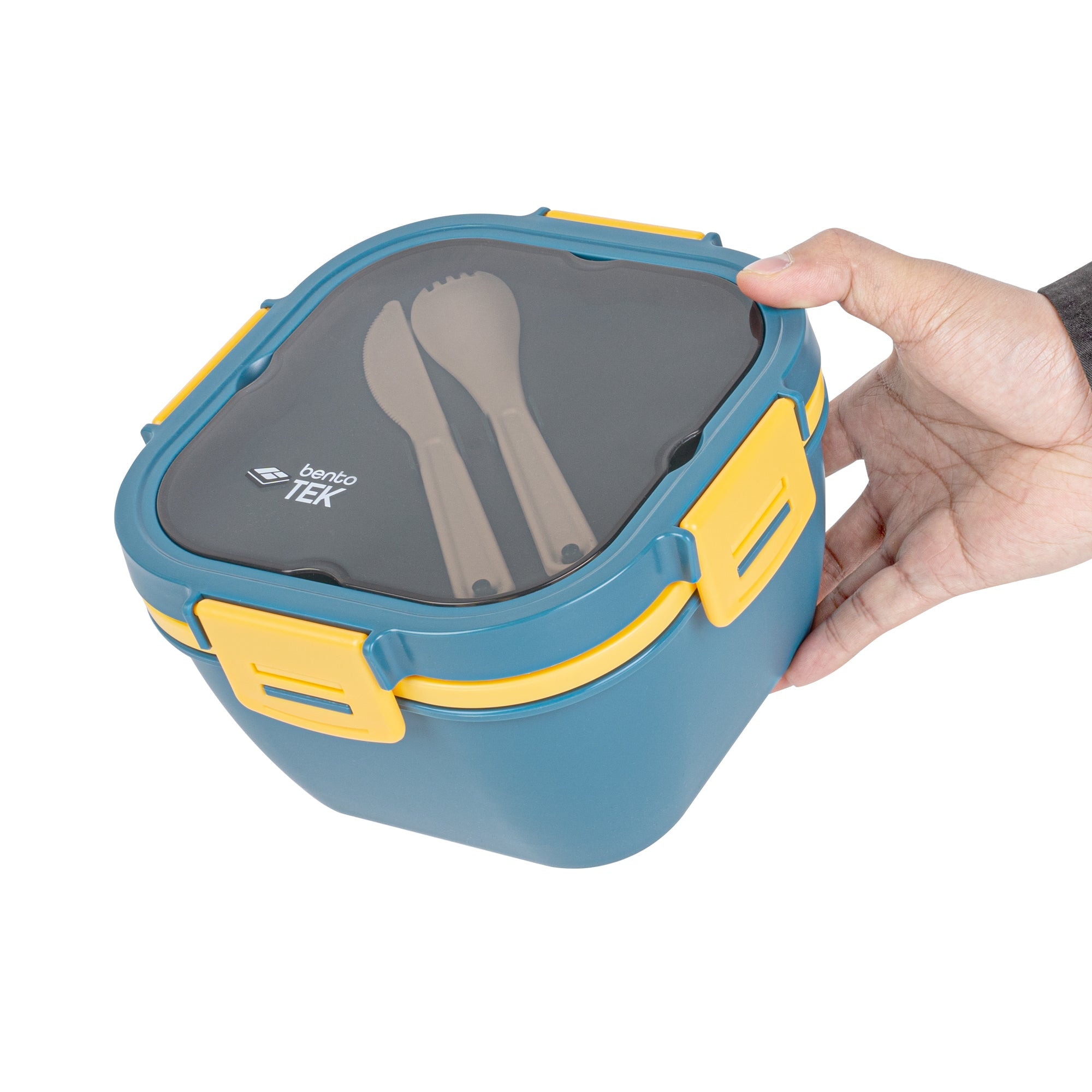 Bento Tek 58 oz Blue and Yellow Lunch Box - BPA-Free, Microwave-Safe, with Fork and Knife - 7 1/4" x 7 1/4" x 4 1/4" - 1 count box