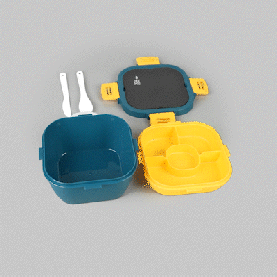 Bento Tek 58 oz Blue and Yellow Lunch Box - BPA-Free, Microwave-Safe, with Fork and Knife - 7 1/4" x 7 1/4" x 4 1/4" - 1 count box