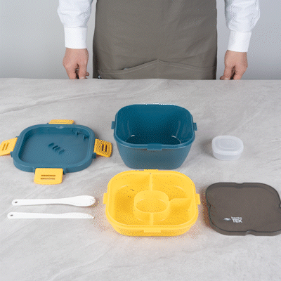 Bento Tek 58 oz Blue and Yellow Lunch Box - BPA-Free, Microwave-Safe, with Fork and Knife - 7 1/4" x 7 1/4" x 4 1/4" - 1 count box