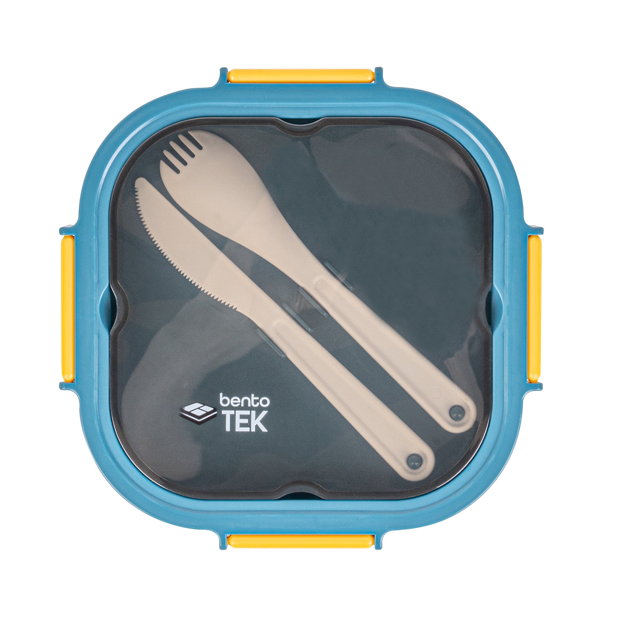 Bento Tek 58 oz Blue and Yellow Lunch Box - BPA-Free, Microwave-Safe, with Fork and Knife - 7 1/4" x 7 1/4" x 4 1/4" - 1 count box