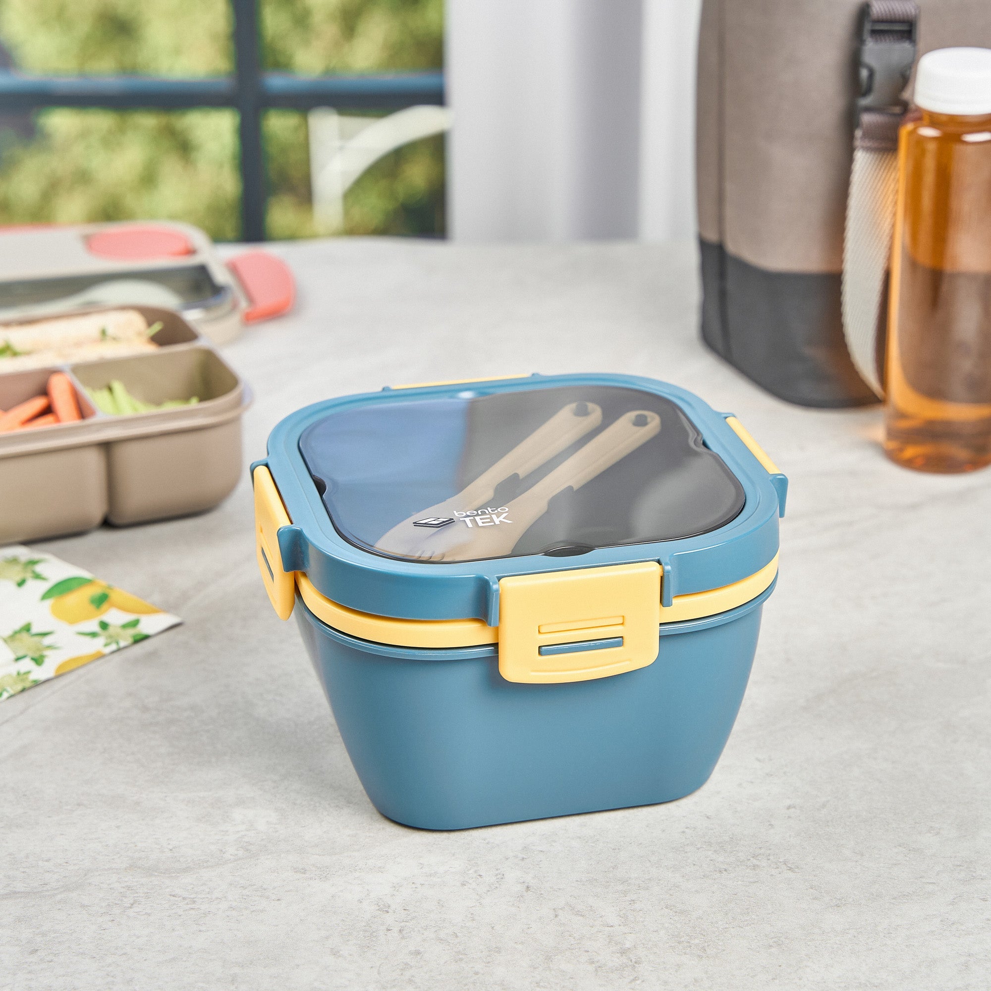 Bento Tek 58 oz Blue and Yellow Lunch Box - BPA-Free, Microwave-Safe, with Fork and Knife - 7 1/4" x 7 1/4" x 4 1/4" - 10 count box