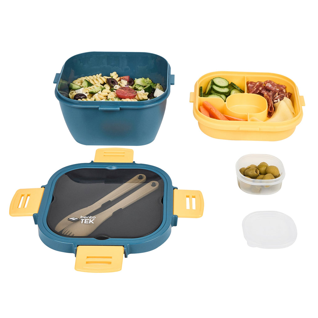 Bento Tek 58 oz Blue and Yellow Lunch Box - BPA-Free, Microwave-Safe, with Fork and Knife - 7 1/4" x 7 1/4" x 4 1/4" - 10 count box