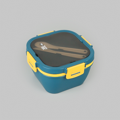 Bento Tek 58 oz Blue and Yellow Lunch Box - BPA-Free, Microwave-Safe, with Fork and Knife - 7 1/4" x 7 1/4" x 4 1/4" - 10 count box