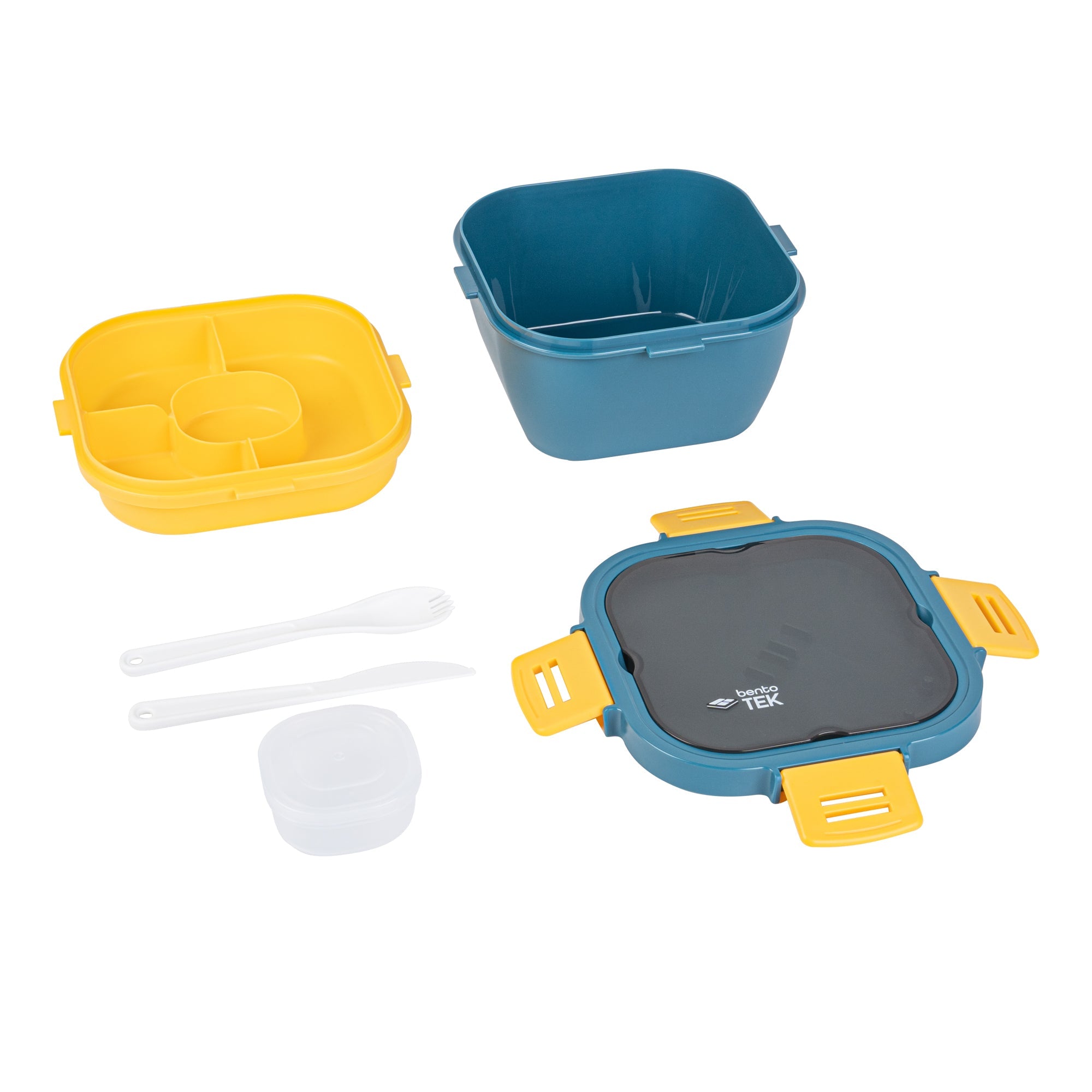 Bento Tek 58 oz Blue and Yellow Lunch Box - BPA-Free, Microwave-Safe, with Fork and Knife - 7 1/4" x 7 1/4" x 4 1/4" - 10 count box