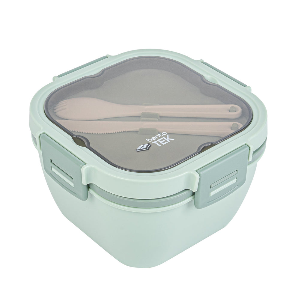 Bento Tek 58 oz Green Lunch Box - BPA-Free, Microwave-Safe, with Fork and Knife - 7 1/4" x 7 1/4" x 4 1/4" - 1 count box