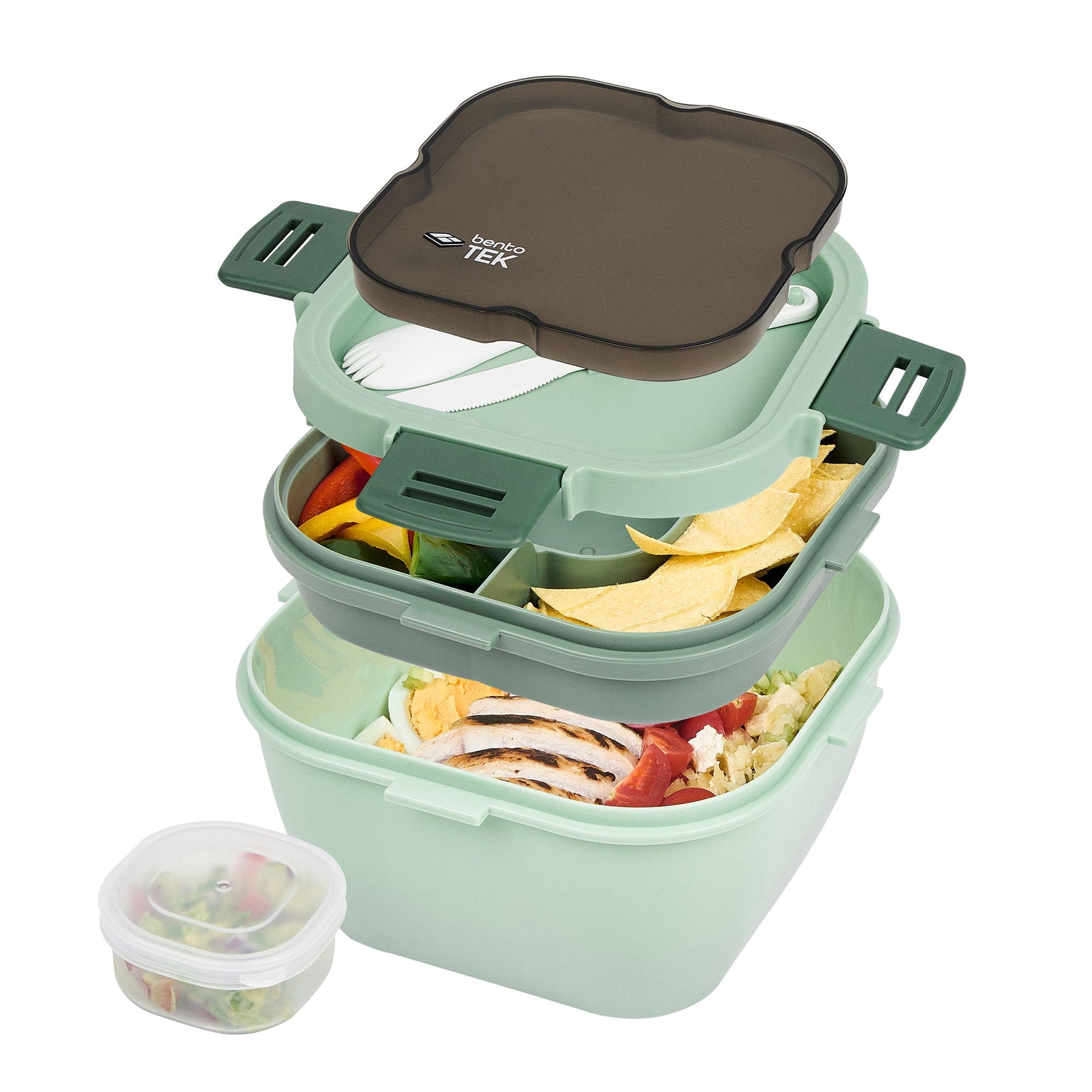 Bento Tek 58 oz Green Lunch Box - BPA-Free, Microwave-Safe, with Fork and Knife - 7 1/4" x 7 1/4" x 4 1/4" - 1 count box