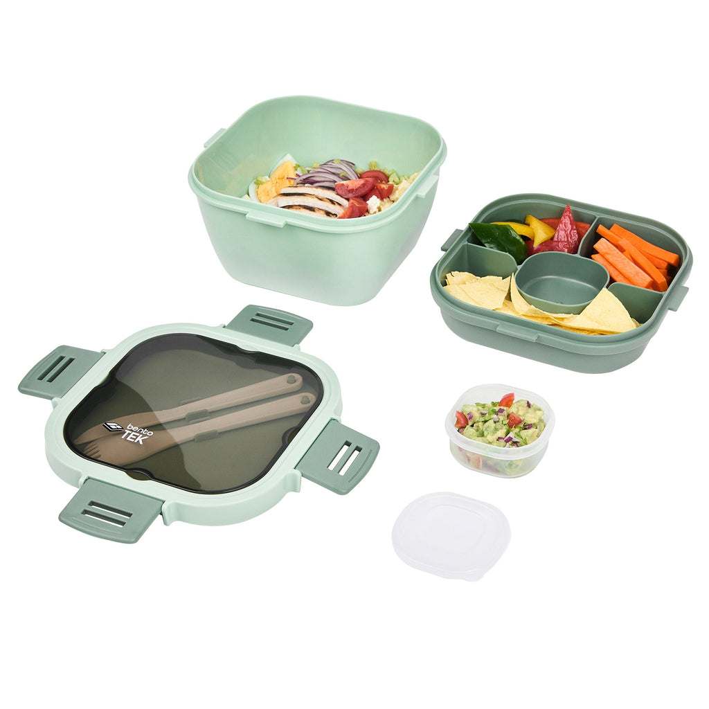 Bento Tek 58 oz Green Lunch Box - BPA-Free, Microwave-Safe, with Fork and Knife - 7 1/4" x 7 1/4" x 4 1/4" - 1 count box