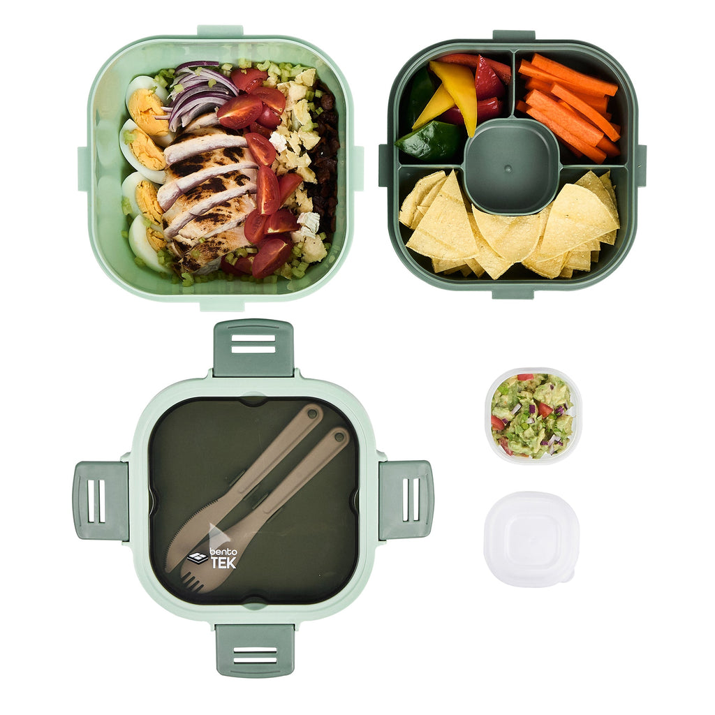 Bento Tek 58 oz Green Lunch Box - BPA-Free, Microwave-Safe, with Fork and Knife - 7 1/4" x 7 1/4" x 4 1/4" - 1 count box