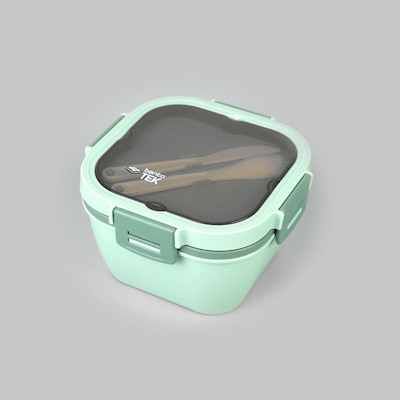 Bento Tek 58 oz Green Lunch Box - BPA-Free, Microwave-Safe, with Fork and Knife - 7 1/4" x 7 1/4" x 4 1/4" - 1 count box