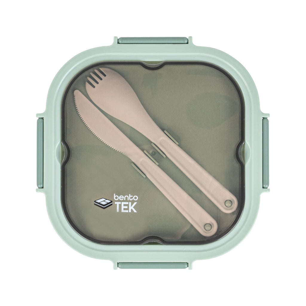 Bento Tek 58 oz Green Lunch Box - BPA-Free, Microwave-Safe, with Fork and Knife - 7 1/4" x 7 1/4" x 4 1/4" - 1 count box