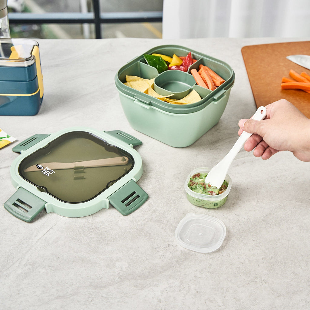 Bento Tek 58 oz Green Lunch Box - BPA-Free, Microwave-Safe, with Fork and Knife - 7 1/4" x 7 1/4" x 4 1/4" - 1 count box