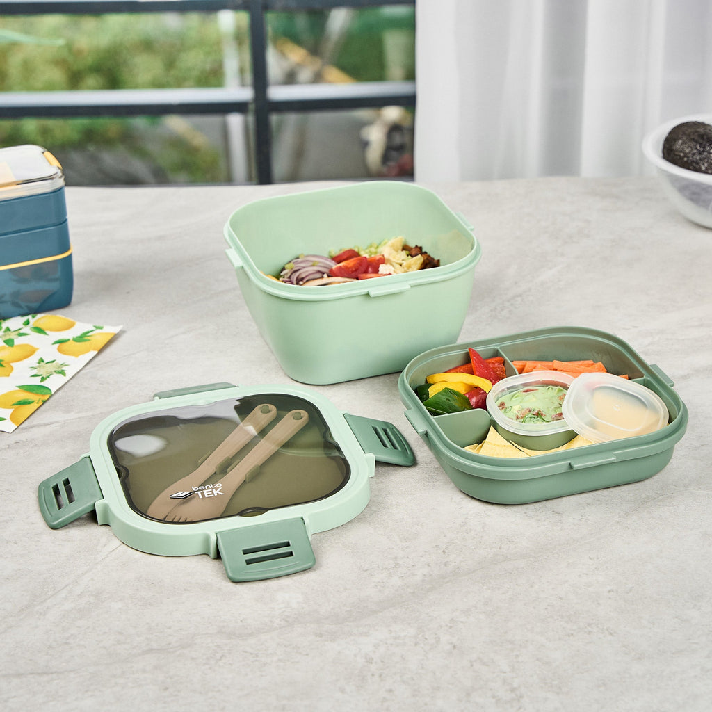 Bento Tek 58 oz Green Lunch Box - BPA-Free, Microwave-Safe, with Fork and Knife - 7 1/4" x 7 1/4" x 4 1/4" - 1 count box