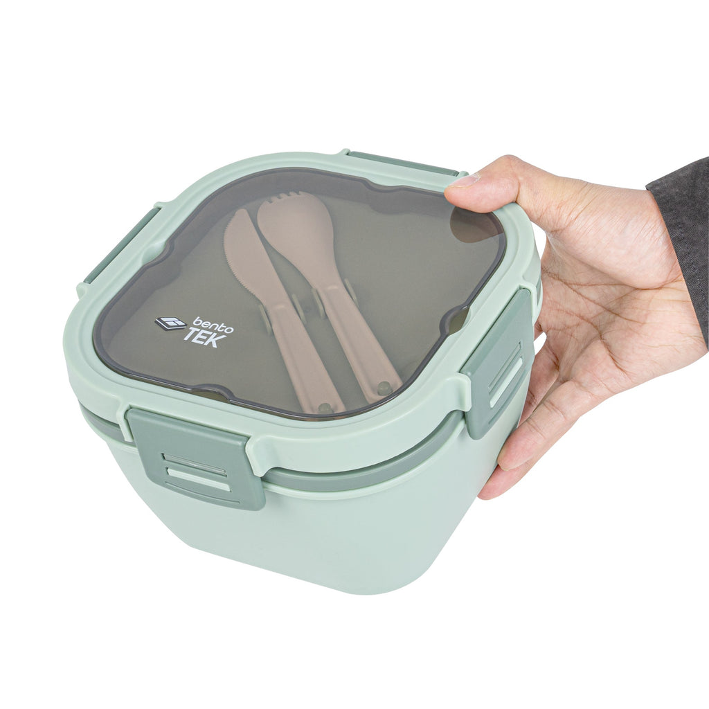Bento Tek 58 oz Green Lunch Box - BPA-Free, Microwave-Safe, with Fork and Knife - 7 1/4" x 7 1/4" x 4 1/4" - 10 count box