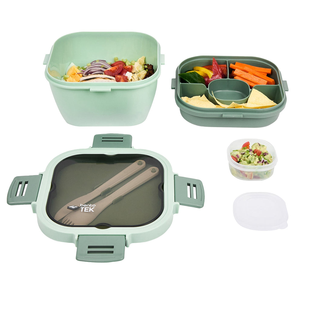 Bento Tek 58 oz Green Lunch Box - BPA-Free, Microwave-Safe, with Fork and Knife - 7 1/4" x 7 1/4" x 4 1/4" - 10 count box