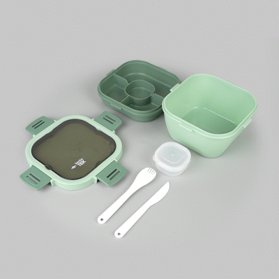 Bento Tek 58 oz Green Lunch Box - BPA-Free, Microwave-Safe, with Fork and Knife - 7 1/4" x 7 1/4" x 4 1/4" - 10 count box