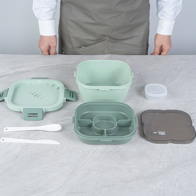 Bento Tek 58 oz Green Lunch Box - BPA-Free, Microwave-Safe, with Fork and Knife - 7 1/4" x 7 1/4" x 4 1/4" - 10 count box