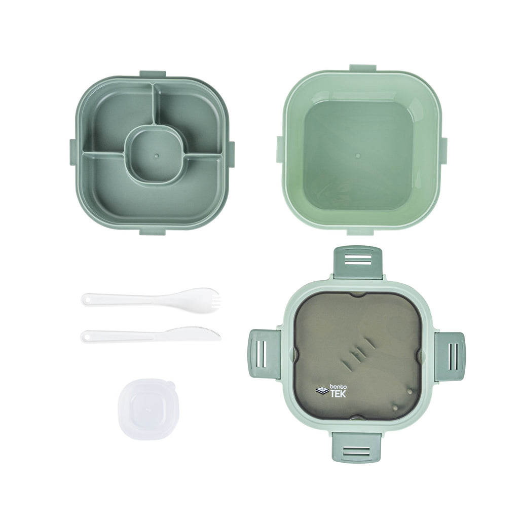Bento Tek 58 oz Green Lunch Box - BPA-Free, Microwave-Safe, with Fork and Knife - 7 1/4" x 7 1/4" x 4 1/4" - 10 count box