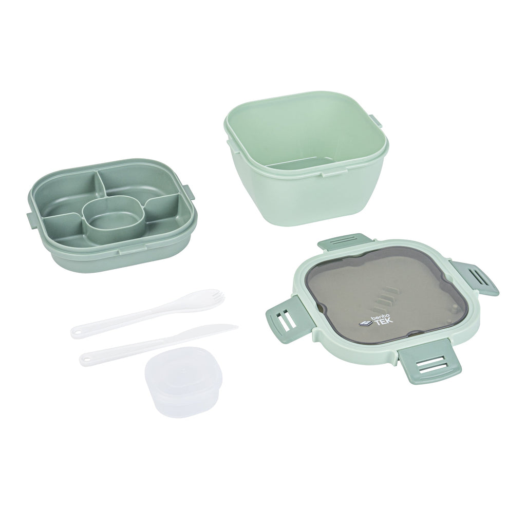 Bento Tek 58 oz Green Lunch Box - BPA-Free, Microwave-Safe, with Fork and Knife - 7 1/4" x 7 1/4" x 4 1/4" - 10 count box