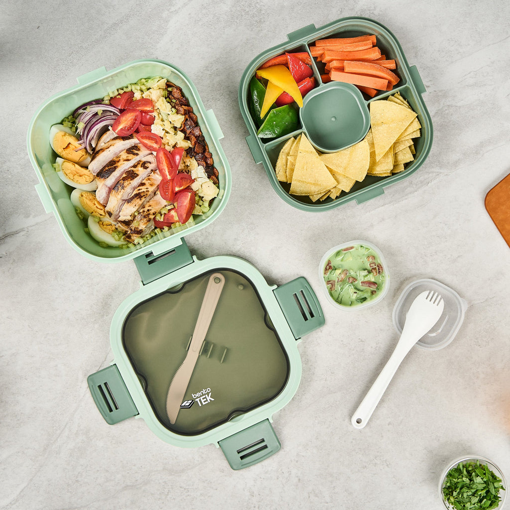 Bento Tek 58 oz Green Lunch Box - BPA-Free, Microwave-Safe, with Fork and Knife - 7 1/4" x 7 1/4" x 4 1/4" - 10 count box