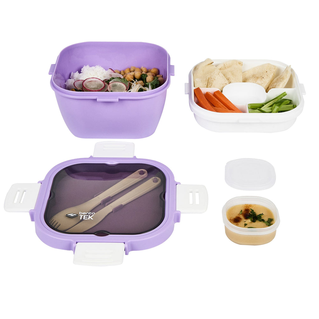 Bento Tek 58 oz Purple and White Lunch Box - BPA-Free, Microwave-Safe, with Fork and Knife - 7 1/4" x 7 1/4" x 4 1/4" - 1 count box