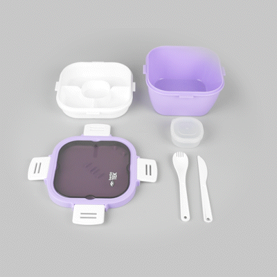 Bento Tek 58 oz Purple and White Lunch Box - BPA-Free, Microwave-Safe, with Fork and Knife - 7 1/4" x 7 1/4" x 4 1/4" - 1 count box