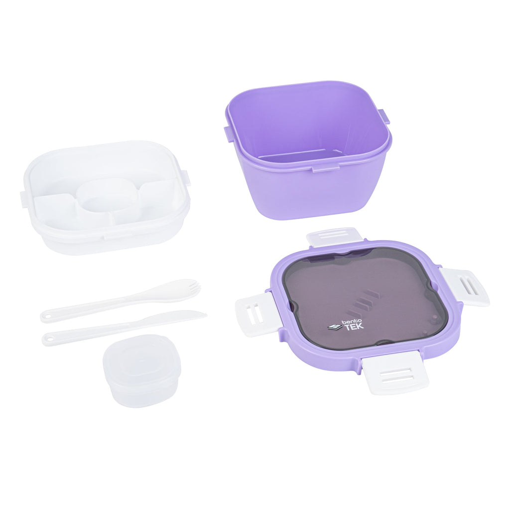 Bento Tek 58 oz Purple and White Lunch Box - BPA-Free, Microwave-Safe, with Fork and Knife - 7 1/4" x 7 1/4" x 4 1/4" - 1 count box