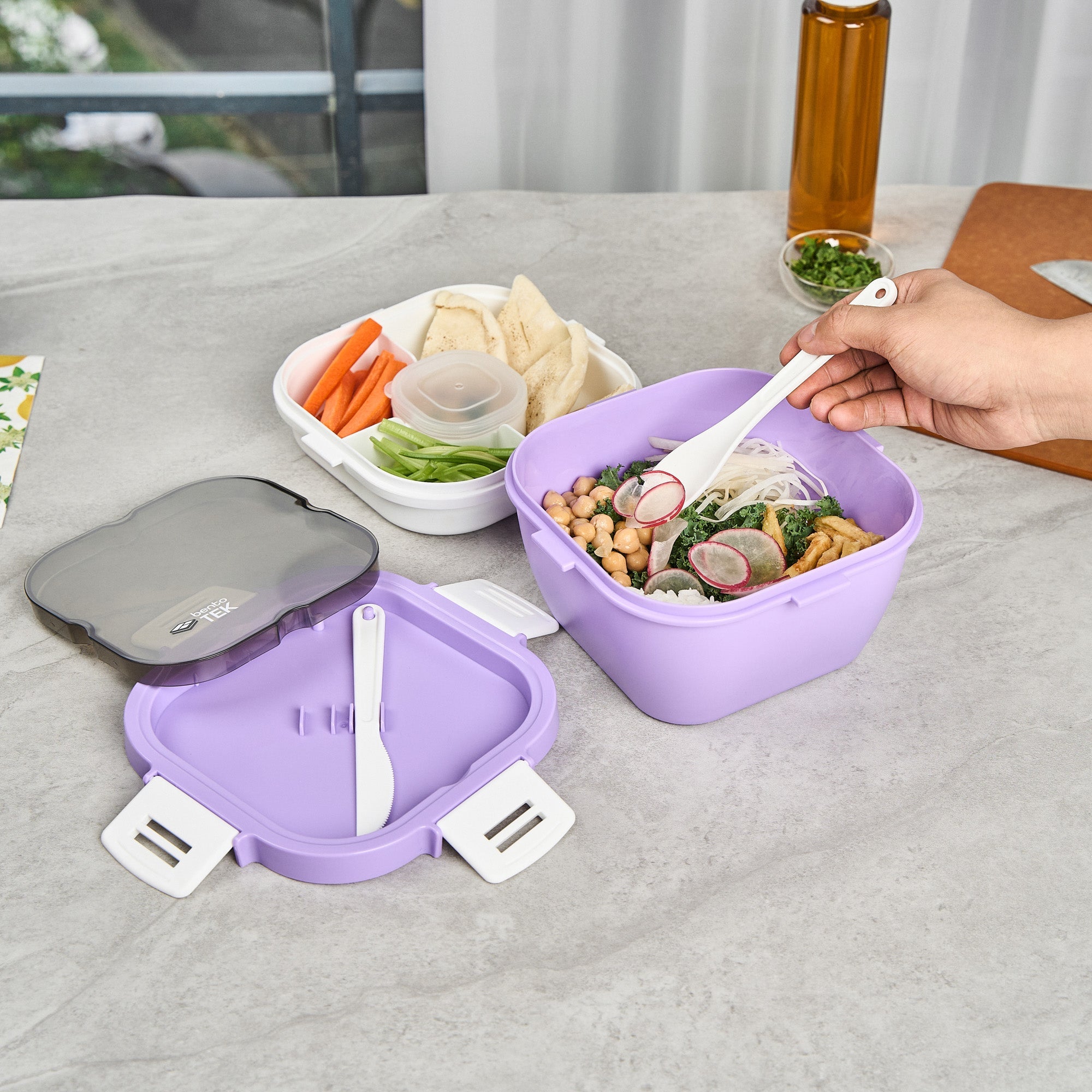Bento Tek 58 oz Purple and White Lunch Box - BPA-Free, Microwave-Safe, with Fork and Knife - 7 1/4" x 7 1/4" x 4 1/4" - 1 count box