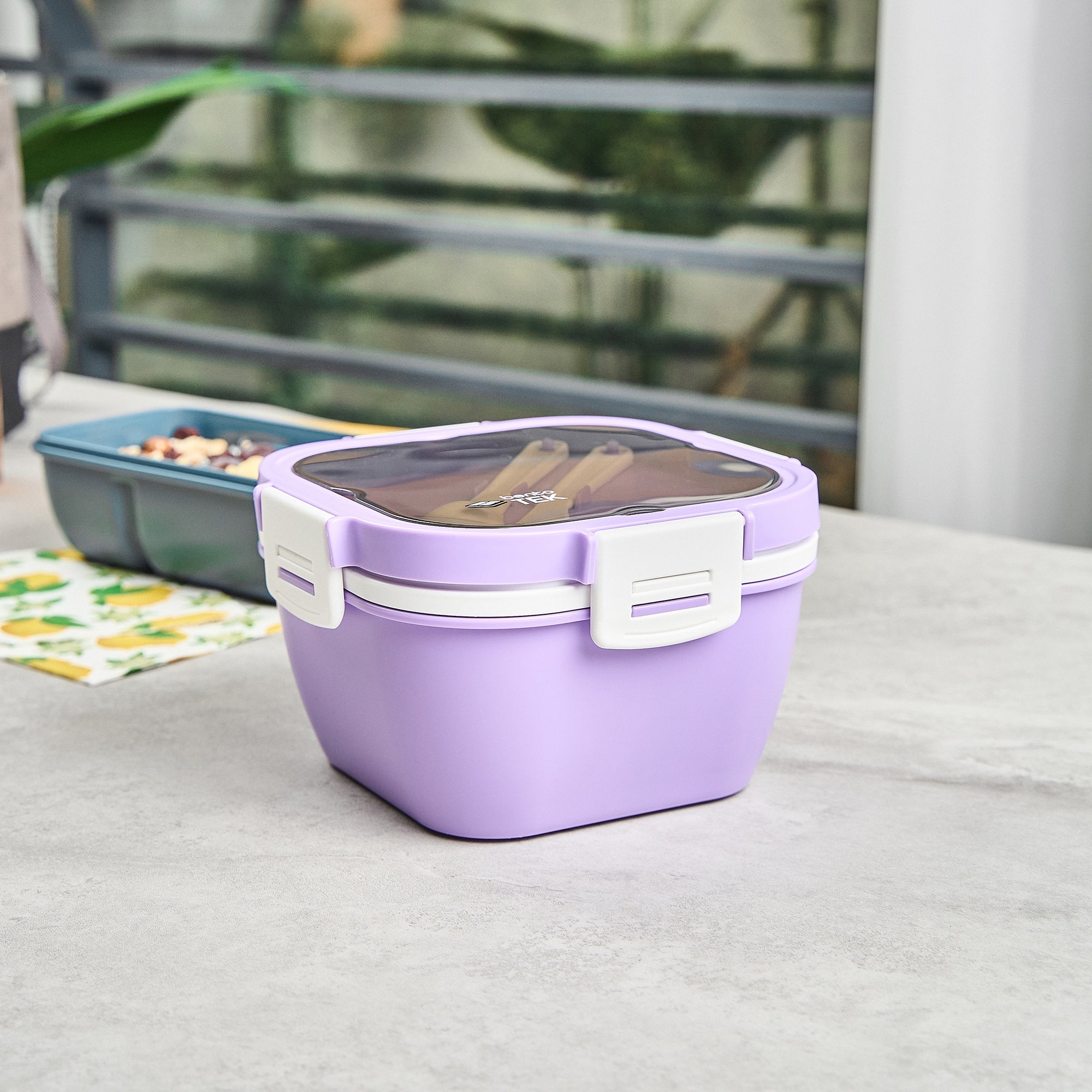Bento Tek 58 oz Purple and White Lunch Box - BPA-Free, Microwave-Safe, with Fork and Knife - 7 1/4" x 7 1/4" x 4 1/4" - 1 count box