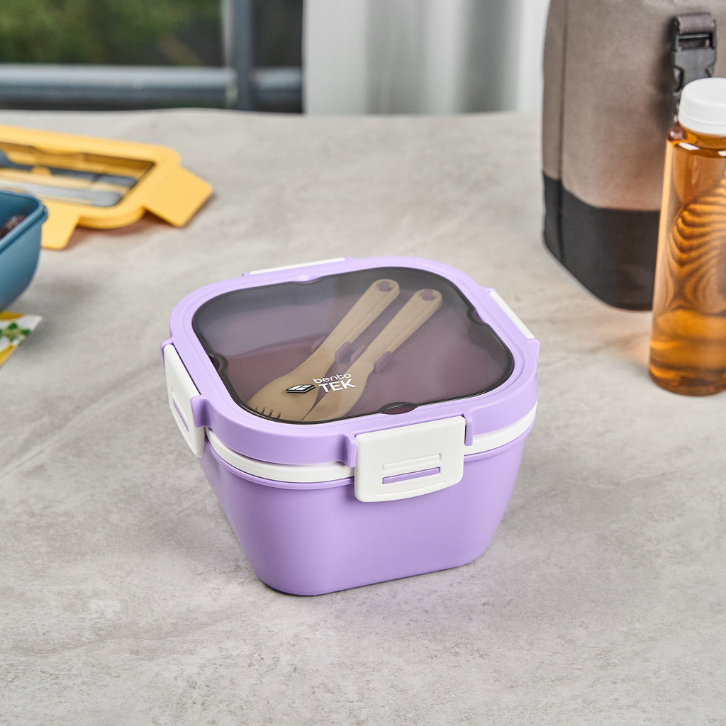 Bento Tek 58 oz Purple and White Lunch Box - BPA-Free, Microwave-Safe, with Fork and Knife - 7 1/4" x 7 1/4" x 4 1/4" - 10 count box