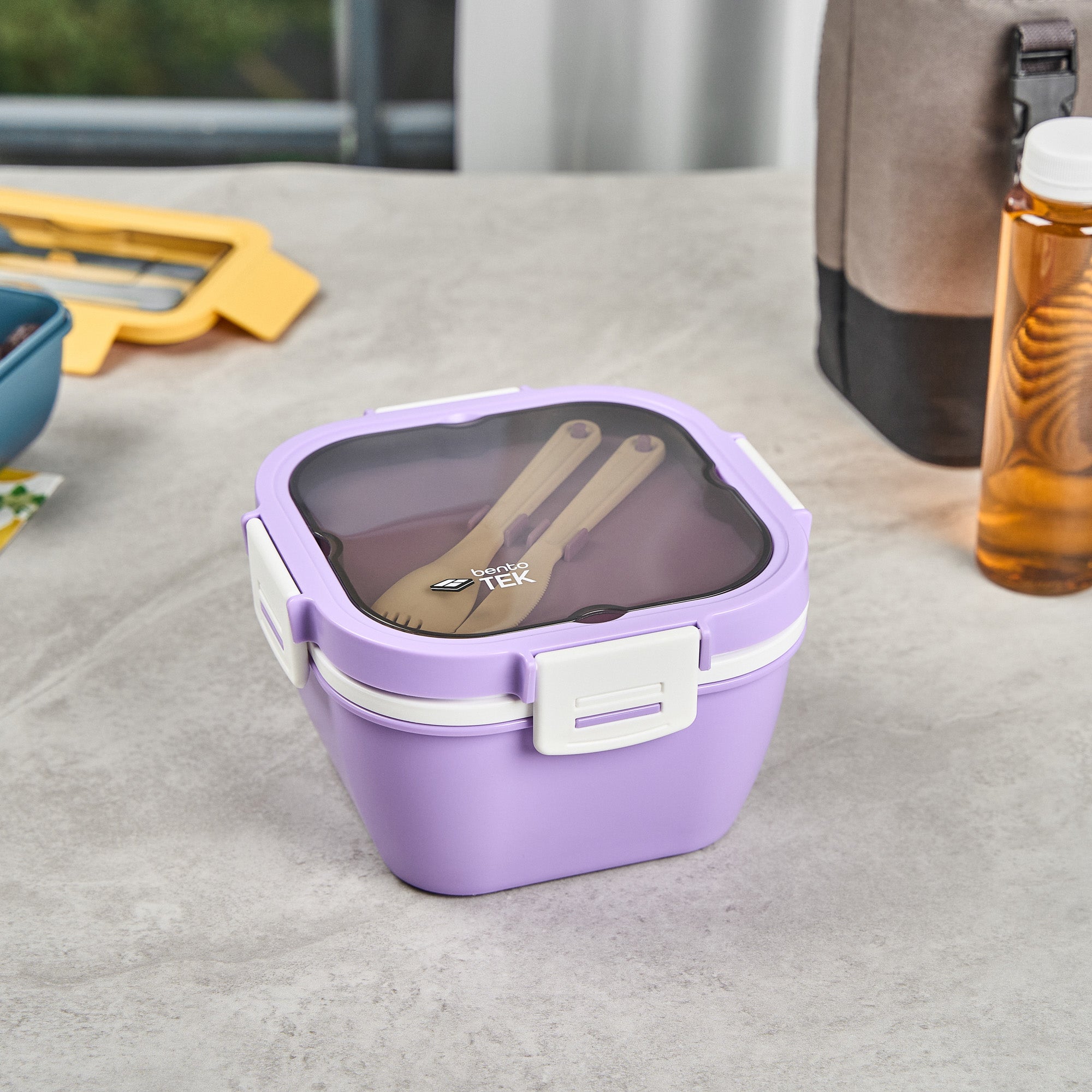 Bento Tek 58 oz Purple and White Lunch Box - BPA-Free, Microwave-Safe, with Fork and Knife - 7 1/4" x 7 1/4" x 4 1/4" - 10 count box