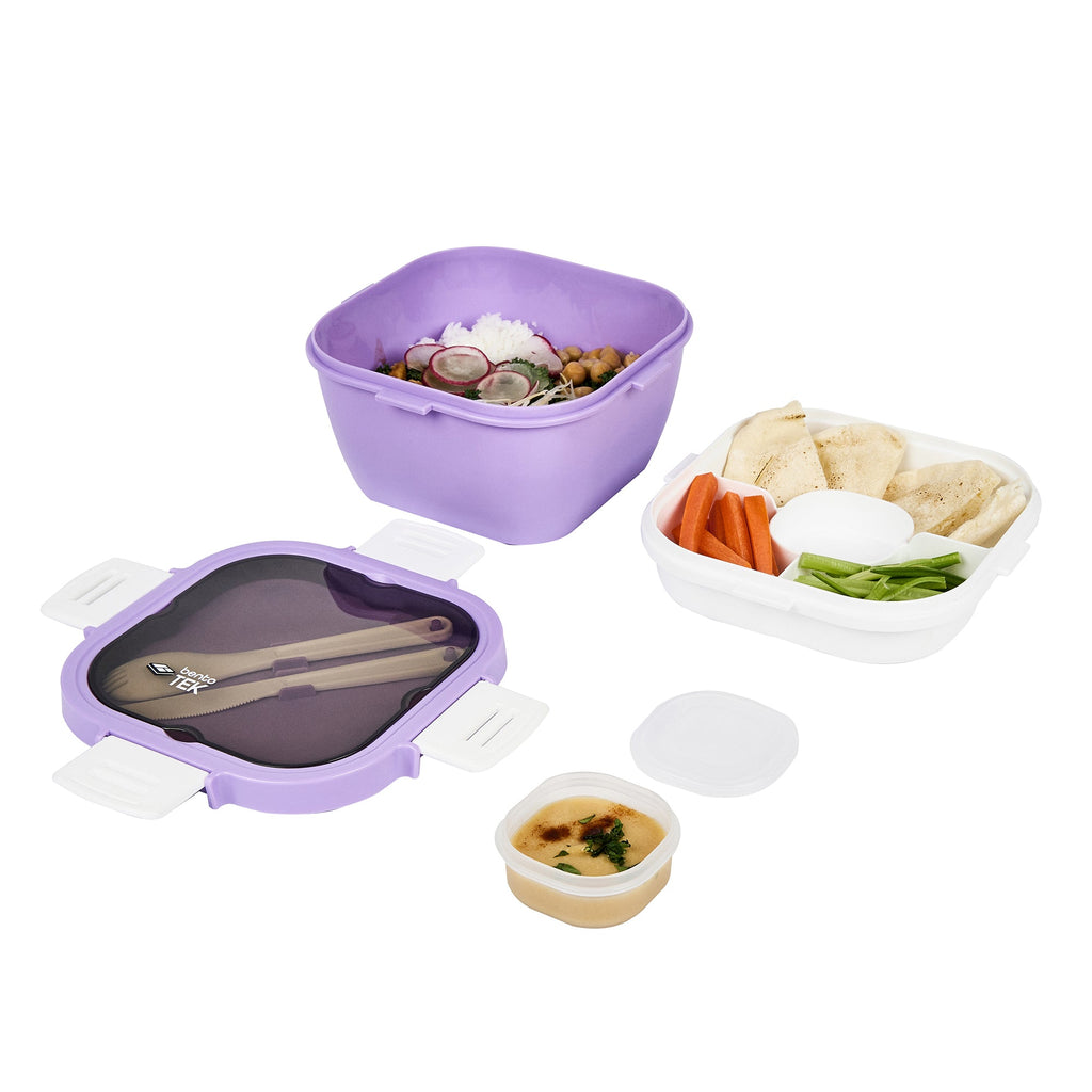 Bento Tek 58 oz Purple and White Lunch Box - BPA-Free, Microwave-Safe, with Fork and Knife - 7 1/4" x 7 1/4" x 4 1/4" - 10 count box