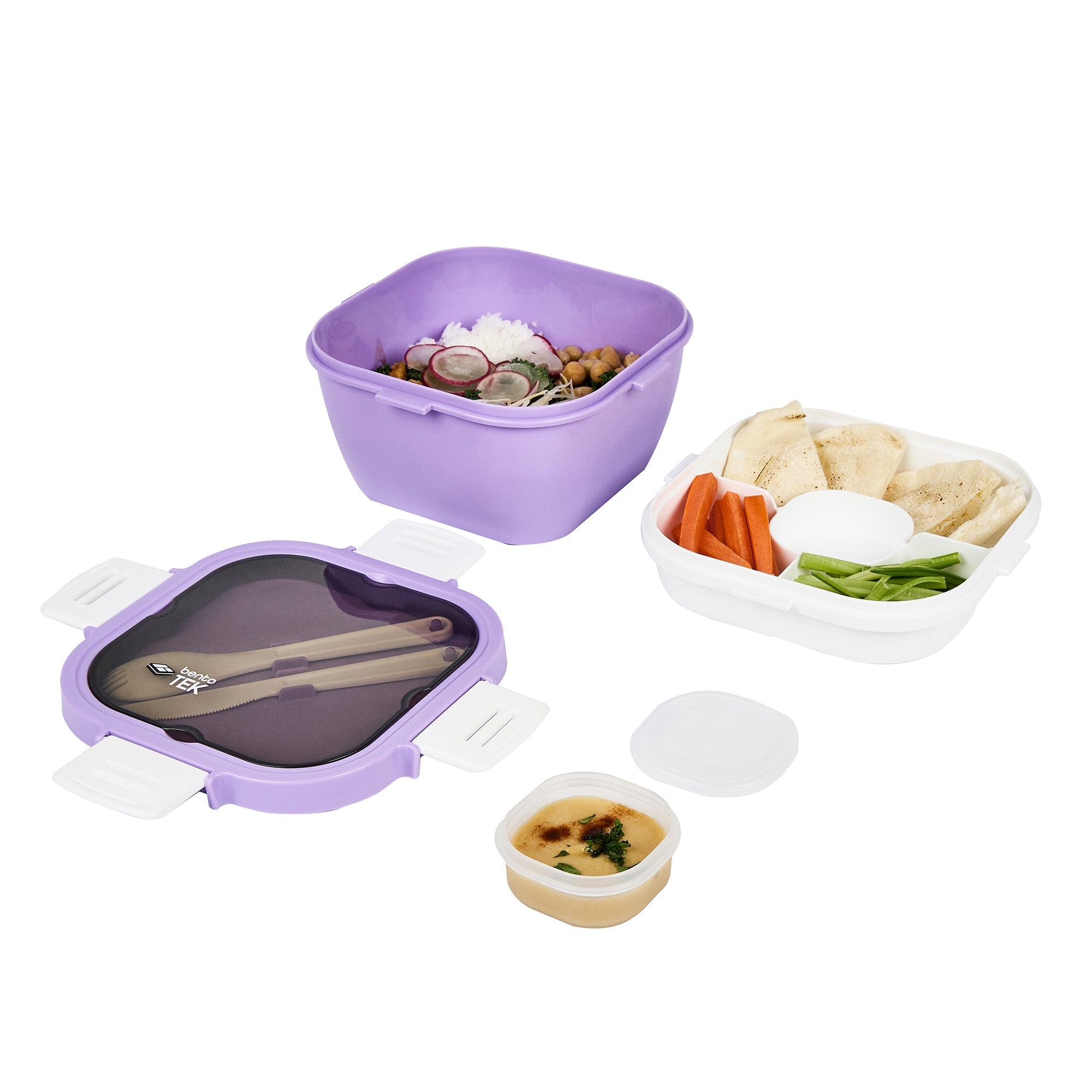 Bento Tek 58 oz Purple and White Lunch Box - BPA-Free, Microwave-Safe, with Fork and Knife - 7 1/4" x 7 1/4" x 4 1/4" - 10 count box
