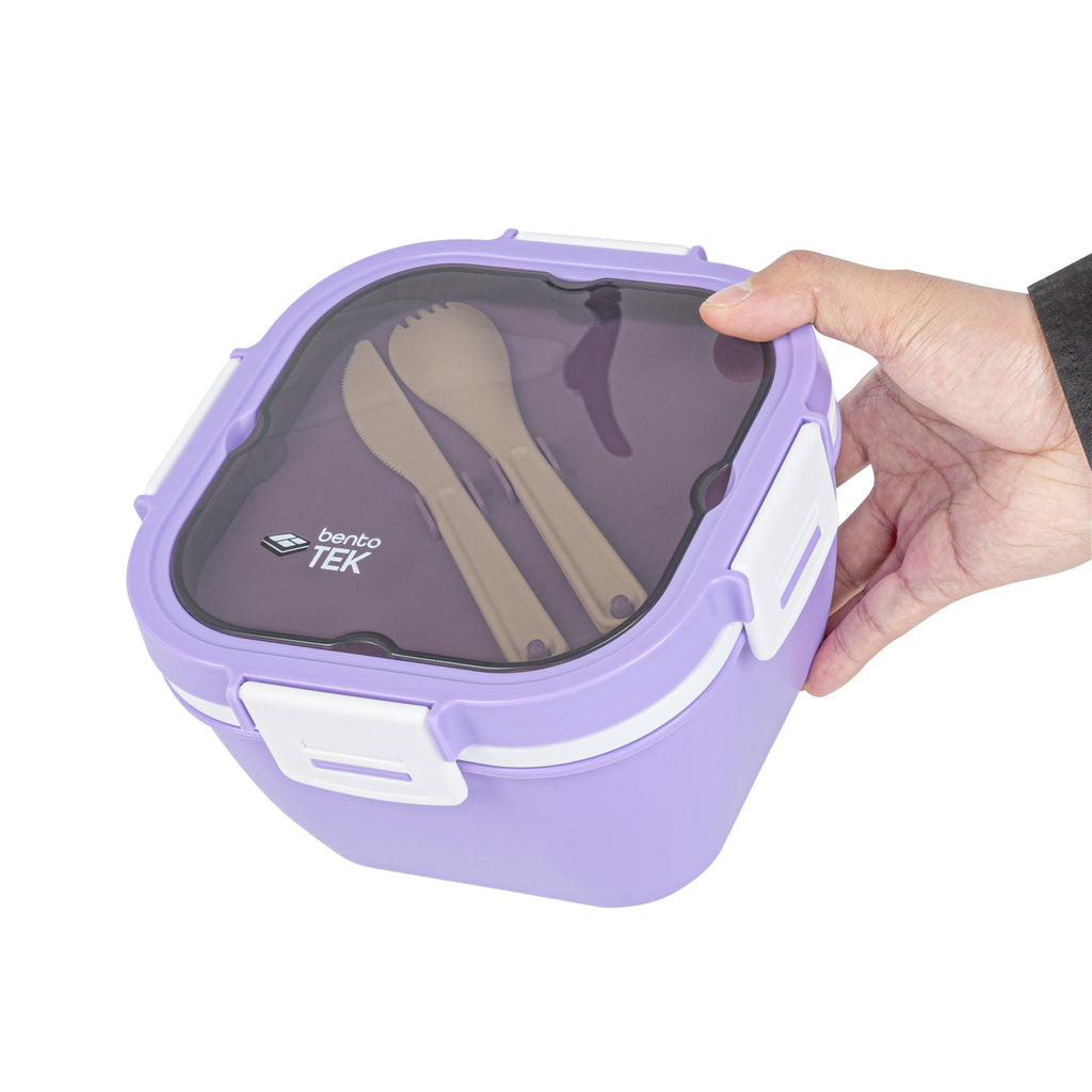 Bento Tek 58 oz Purple and White Lunch Box - BPA-Free, Microwave-Safe, with Fork and Knife - 7 1/4" x 7 1/4" x 4 1/4" - 10 count box