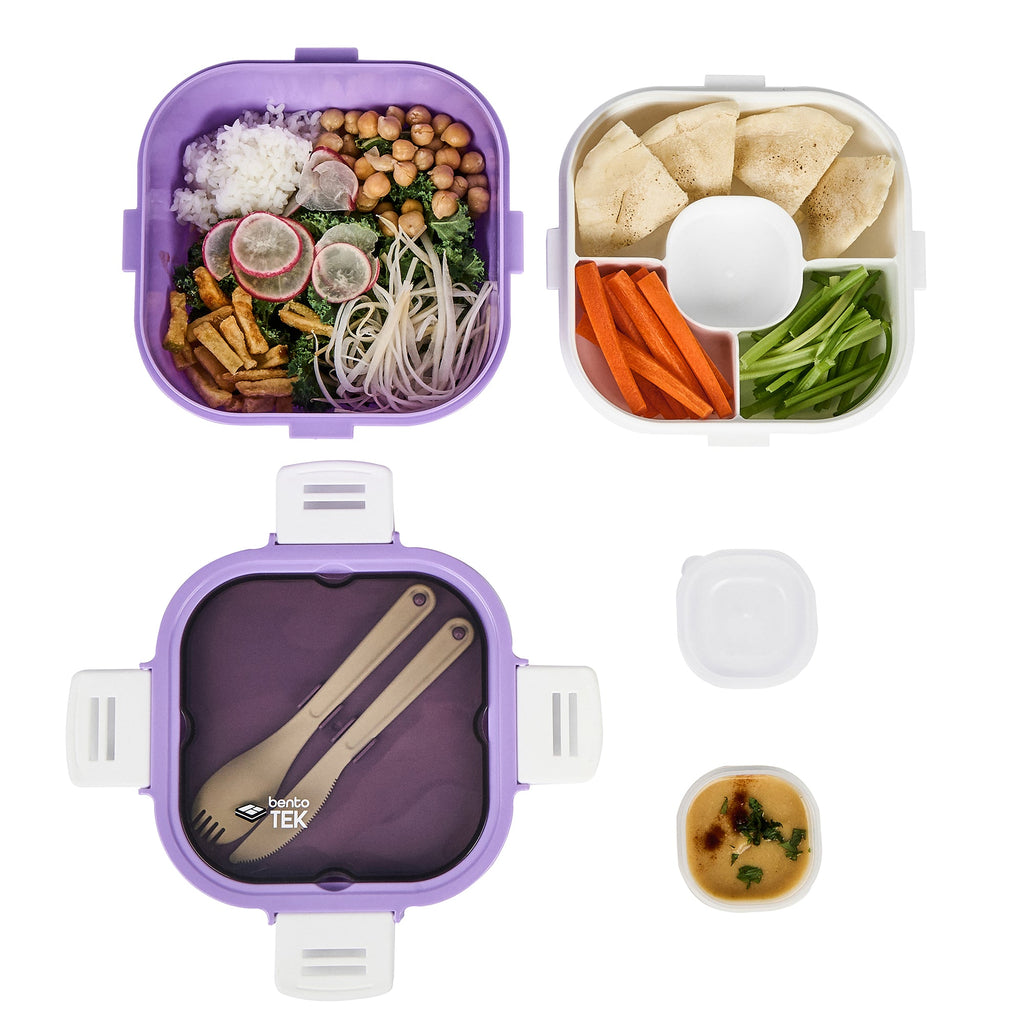 Bento Tek 58 oz Purple and White Lunch Box - BPA-Free, Microwave-Safe, with Fork and Knife - 7 1/4" x 7 1/4" x 4 1/4" - 10 count box