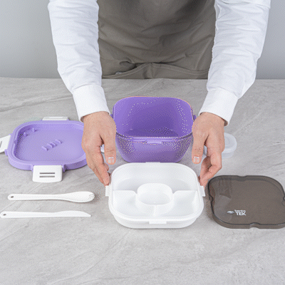 Bento Tek 58 oz Purple and White Lunch Box - BPA-Free, Microwave-Safe, with Fork and Knife - 7 1/4" x 7 1/4" x 4 1/4" - 10 count box