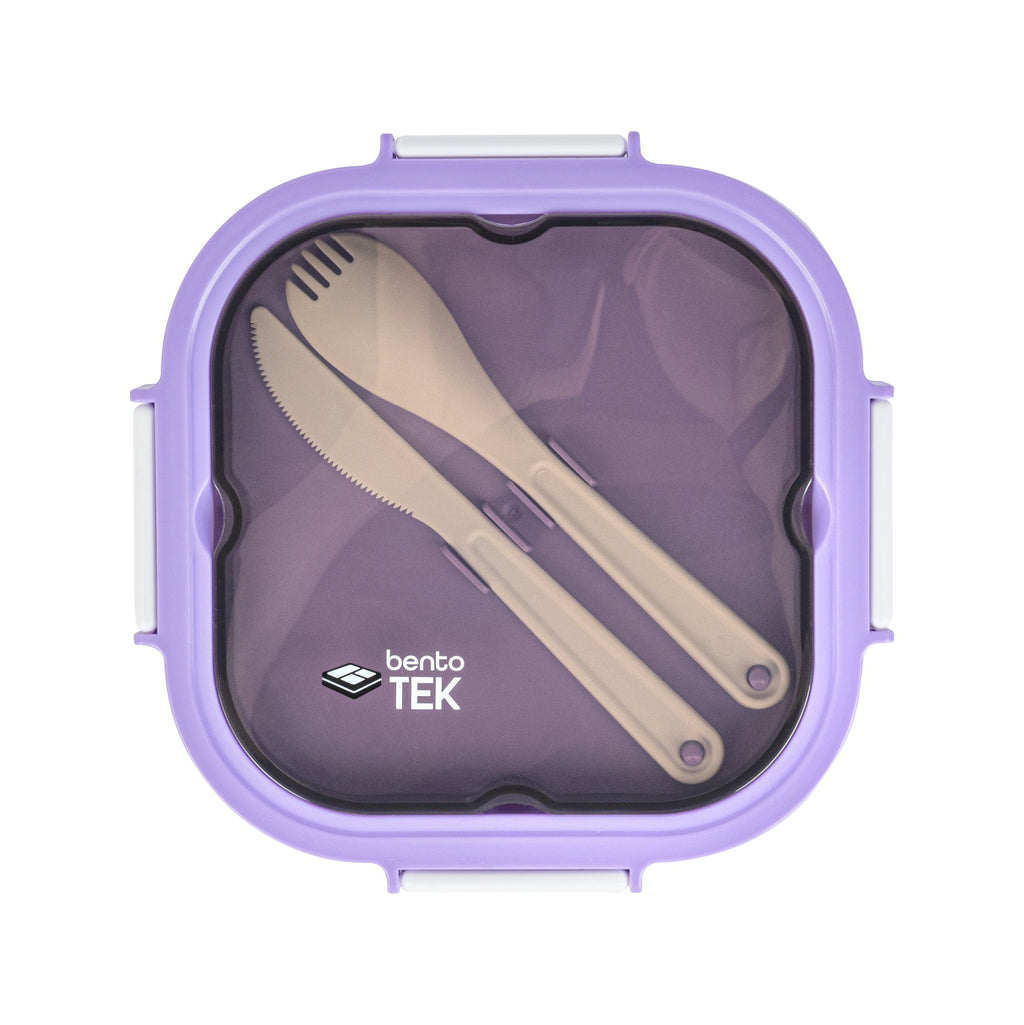 Bento Tek 58 oz Purple and White Lunch Box - BPA-Free, Microwave-Safe, with Fork and Knife - 7 1/4" x 7 1/4" x 4 1/4" - 10 count box