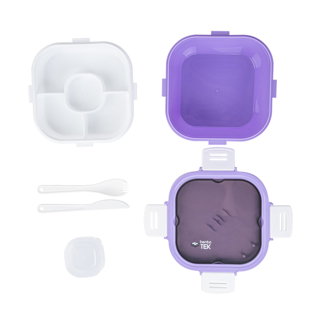 Bento Tek 58 oz Purple and White Lunch Box - BPA-Free, Microwave-Safe, with Fork and Knife - 7 1/4" x 7 1/4" x 4 1/4" - 10 count box