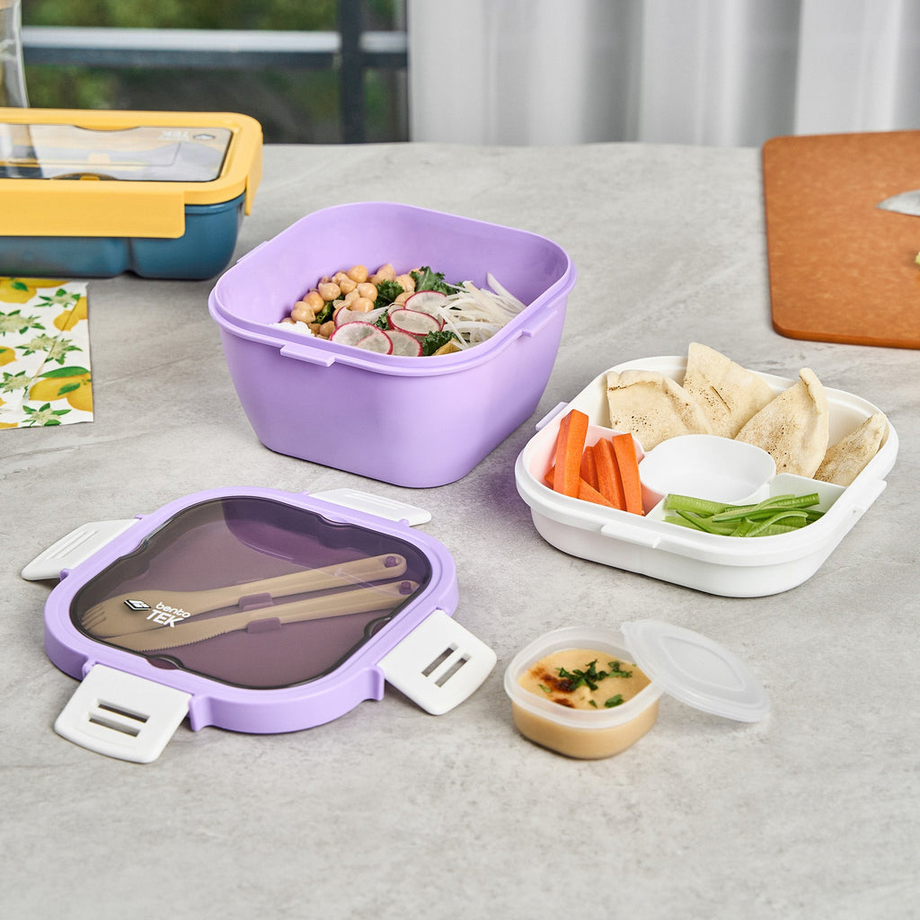 Bento Tek 58 oz Purple and White Lunch Box - BPA-Free, Microwave-Safe, with Fork and Knife - 7 1/4" x 7 1/4" x 4 1/4" - 10 count box
