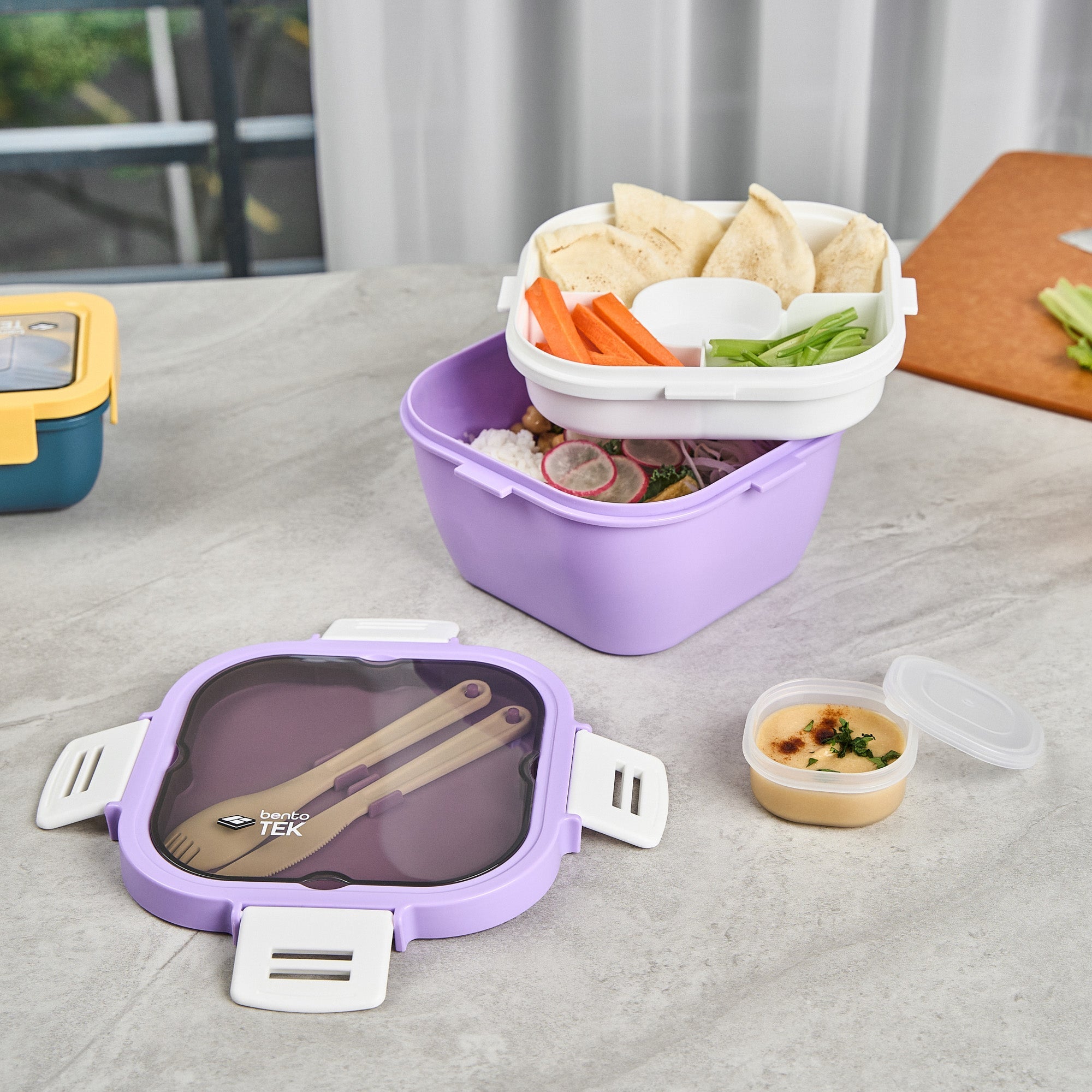 Bento Tek 58 oz Purple and White Lunch Box - BPA-Free, Microwave-Safe, with Fork and Knife - 7 1/4" x 7 1/4" x 4 1/4" - 10 count box