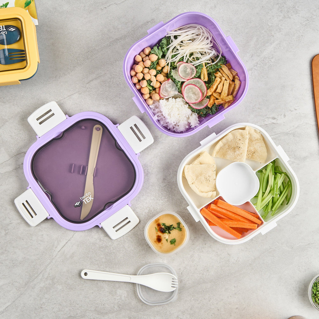 Bento Tek 58 oz Purple and White Lunch Box - BPA-Free, Microwave-Safe, with Fork and Knife - 7 1/4" x 7 1/4" x 4 1/4" - 10 count box