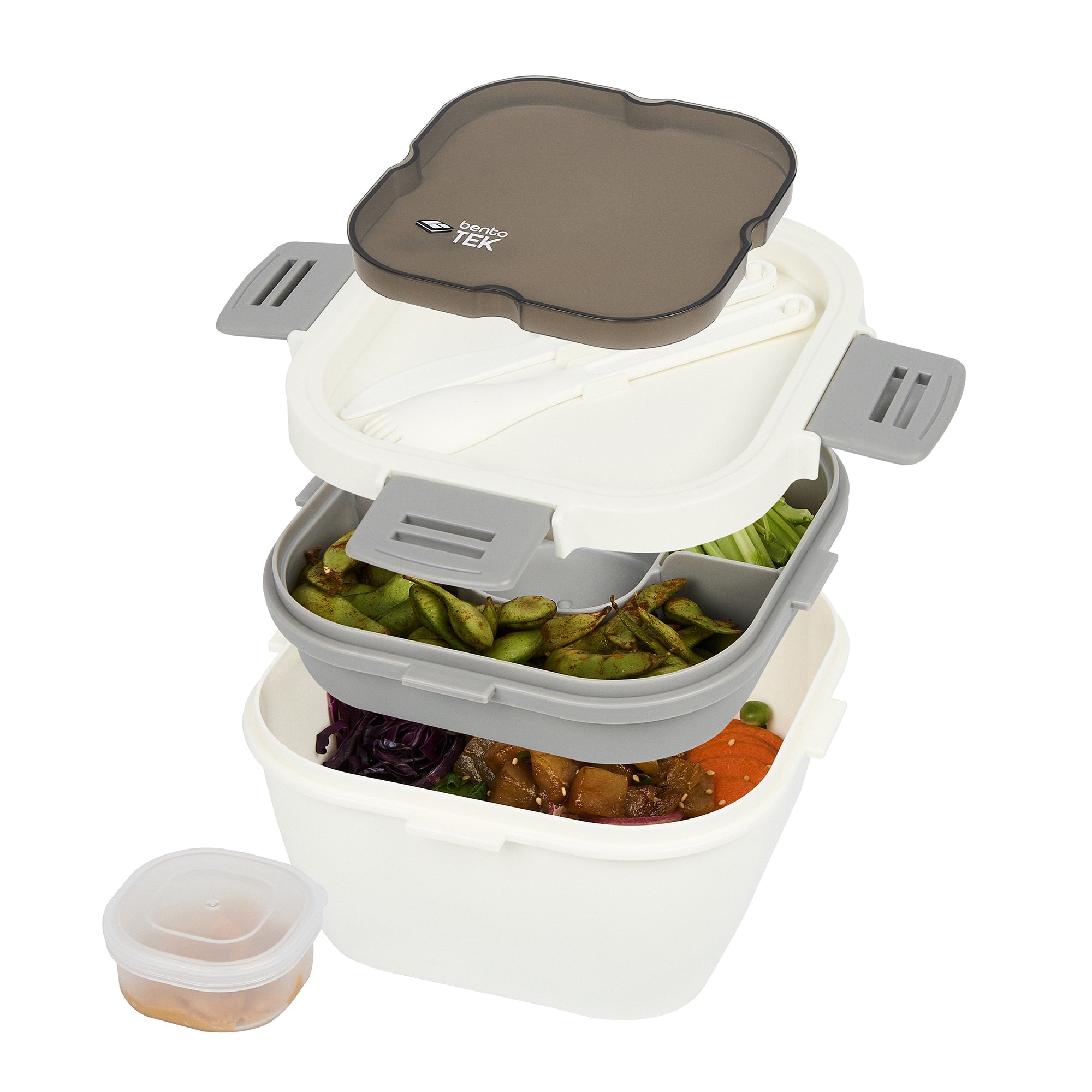 Bento Tek 58 oz White and Gray Lunch Box - BPA-Free, Microwave-Safe, with Fork and Knife - 7 1/4" x 7 1/4" x 4 1/4" - 1 count box