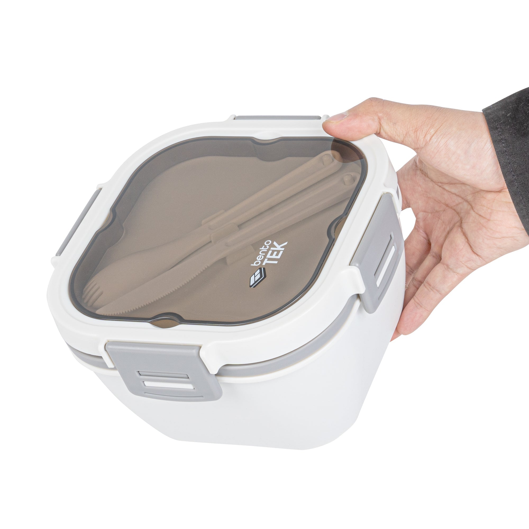 Bento Tek 58 oz White and Gray Lunch Box - BPA-Free, Microwave-Safe, with Fork and Knife - 7 1/4" x 7 1/4" x 4 1/4" - 1 count box