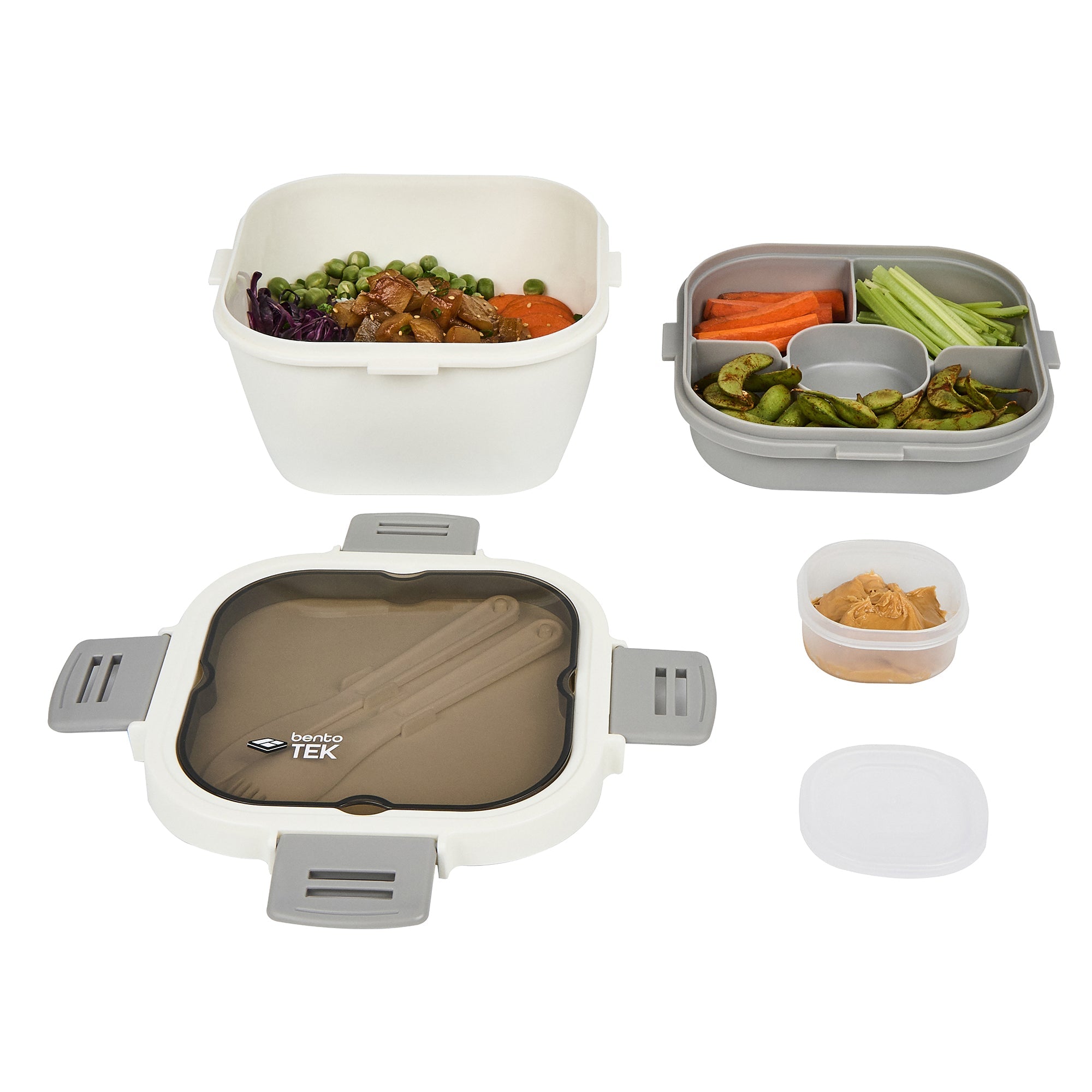 Bento Tek 58 oz White and Gray Lunch Box - BPA-Free, Microwave-Safe, with Fork and Knife - 7 1/4" x 7 1/4" x 4 1/4" - 1 count box