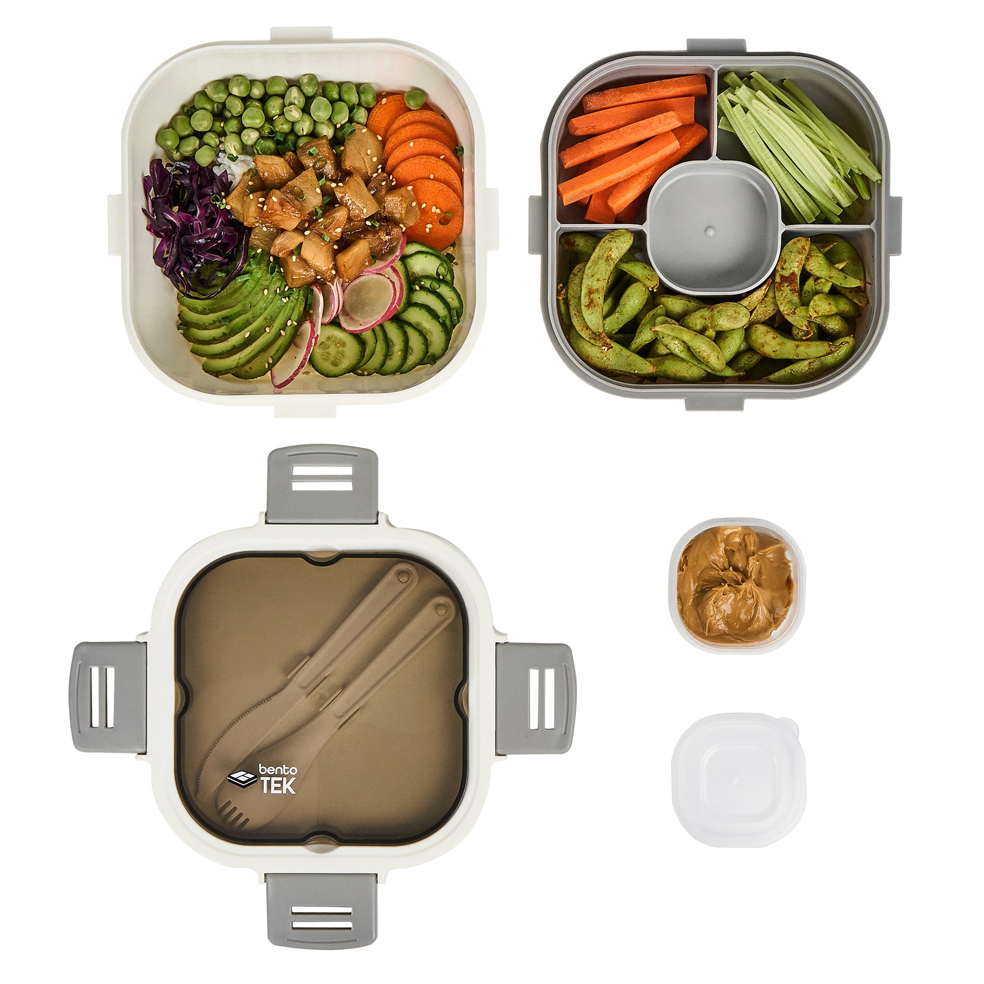 Bento Tek 58 oz White and Gray Lunch Box - BPA-Free, Microwave-Safe, with Fork and Knife - 7 1/4" x 7 1/4" x 4 1/4" - 1 count box